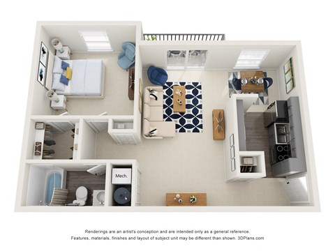 this is a 3d floor plan of a 849 square foot 1 bedroom apartment at the
